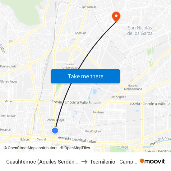 Cuauhtémoc (Aquiles Serdán - Guadalupe Victoria) to Tecmilenio - Campus San Nicolás map