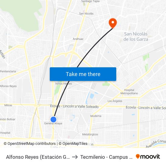 Alfonso Reyes (Estación General Anaya) to Tecmilenio - Campus San Nicolás map