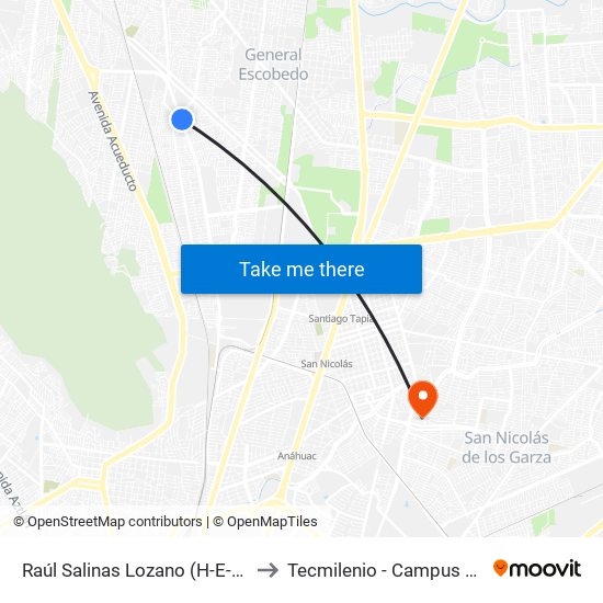 Raúl Salinas Lozano (H-E-B Escobedo) to Tecmilenio - Campus San Nicolás map