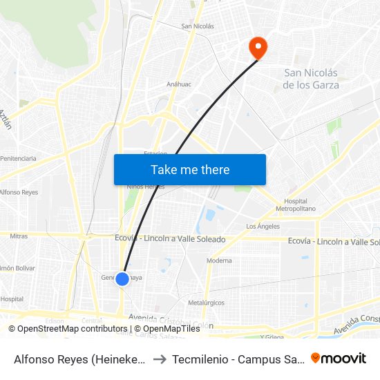 Alfonso Reyes (Heineken México) to Tecmilenio - Campus San Nicolás map