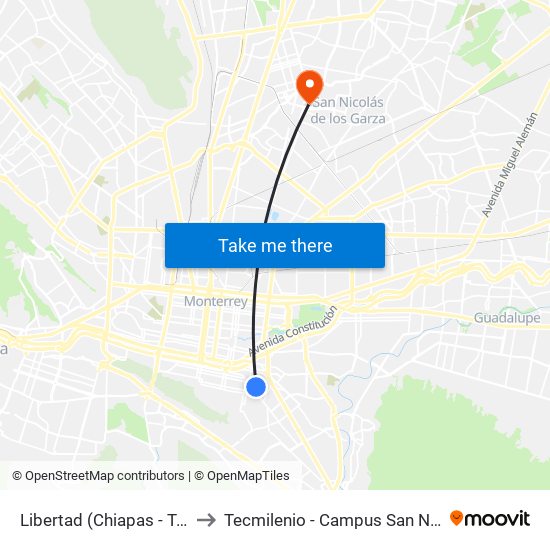 Libertad (Chiapas - Tepic) to Tecmilenio - Campus San Nicolás map