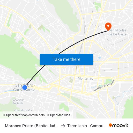 Morones Prieto (Benito Juárez - Corregidora) to Tecmilenio - Campus San Nicolás map