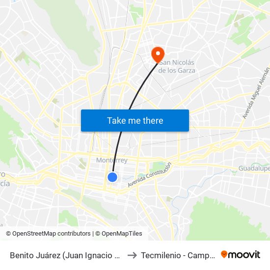 Benito Juárez (Juan Ignacio Ramón - 15 de Mayo) to Tecmilenio - Campus San Nicolás map