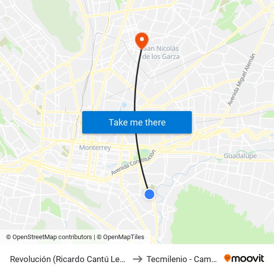 Revolución (Ricardo Cantú Leal - Ricardo Covarrubias) to Tecmilenio - Campus San Nicolás map