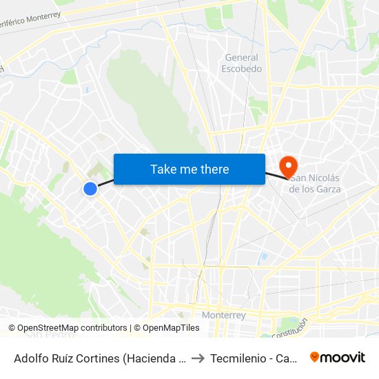 Adolfo Ruíz Cortines (Hacienda Los Pinos - Seguridad Social) to Tecmilenio - Campus San Nicolás map