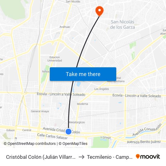 Cristóbal Colón (Julián Villarreal - Álvaro Obregón) to Tecmilenio - Campus San Nicolás map