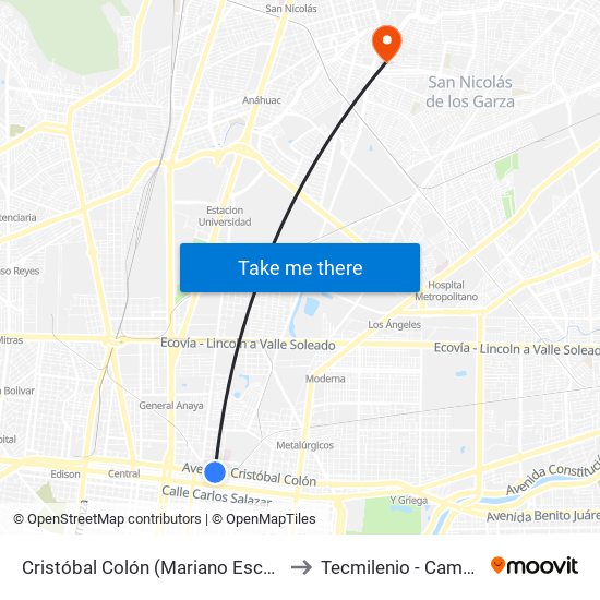 Cristóbal Colón (Mariano Escobedo - Emilio Carranza) to Tecmilenio - Campus San Nicolás map