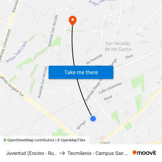 Juventud (Encino - Rubens) to Tecmilenio - Campus San Nicolás map