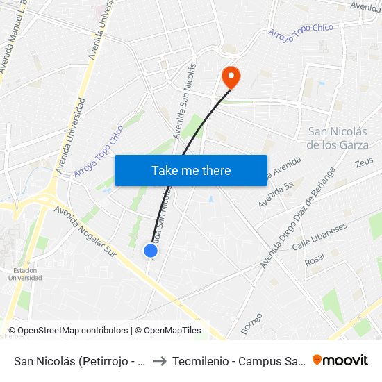 San Nicolás (Petirrojo - Pingüino) to Tecmilenio - Campus San Nicolás map