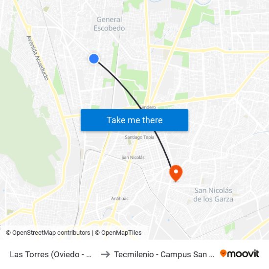 Las Torres (Oviedo - Galicia) to Tecmilenio - Campus San Nicolás map