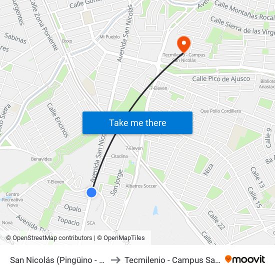 San Nicolás (Pingüino - Juventud) to Tecmilenio - Campus San Nicolás map