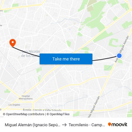 Miguel Alemán (Ignacio Sepúlveda - Encarnación) to Tecmilenio - Campus San Nicolás map