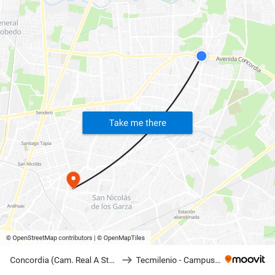 Concordia (Cam. Real A Sta. Rosa - Ahilite) to Tecmilenio - Campus San Nicolás map