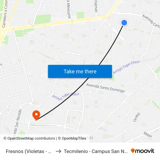 Fresnos (Violetas - Lilas) to Tecmilenio - Campus San Nicolás map