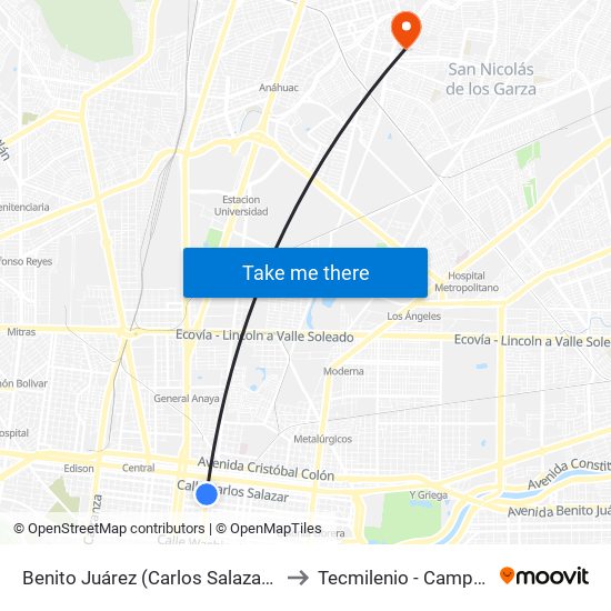 Benito Juárez (Carlos Salazar - Jerónimo Treviño) to Tecmilenio - Campus San Nicolás map