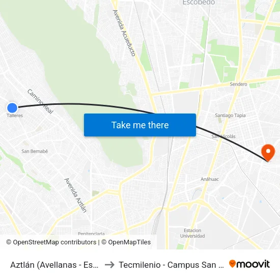 Aztlán (Avellanas - Esquisto) to Tecmilenio - Campus San Nicolás map