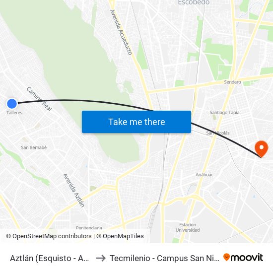 Aztlán (Esquisto - Apolo) to Tecmilenio - Campus San Nicolás map