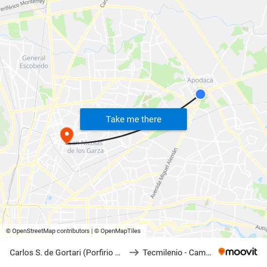 Carlos S. de Gortari (Porfirio Díaz - Francisco Naranjo) to Tecmilenio - Campus San Nicolás map