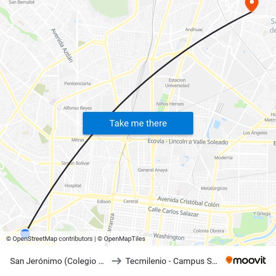 San Jerónimo (Colegio Mexicano) to Tecmilenio - Campus San Nicolás map