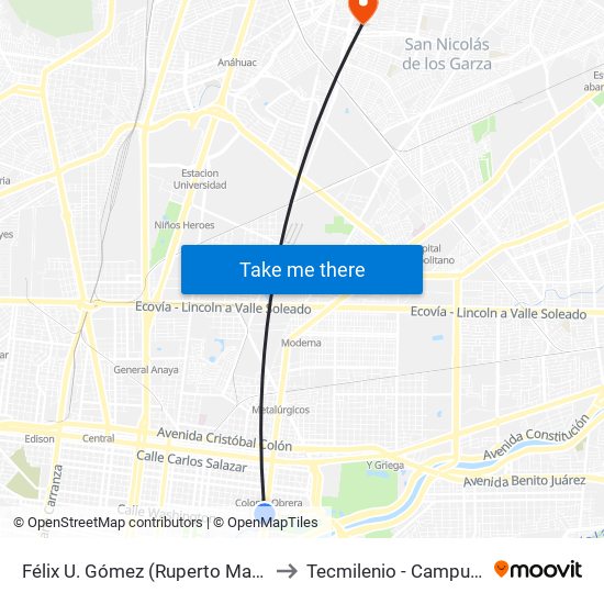 Félix U. Gómez (Ruperto Martínez - Aramberri) to Tecmilenio - Campus San Nicolás map