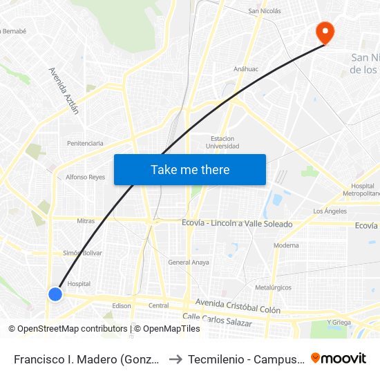 Francisco I. Madero (Gonzalitos - Venecia) to Tecmilenio - Campus San Nicolás map