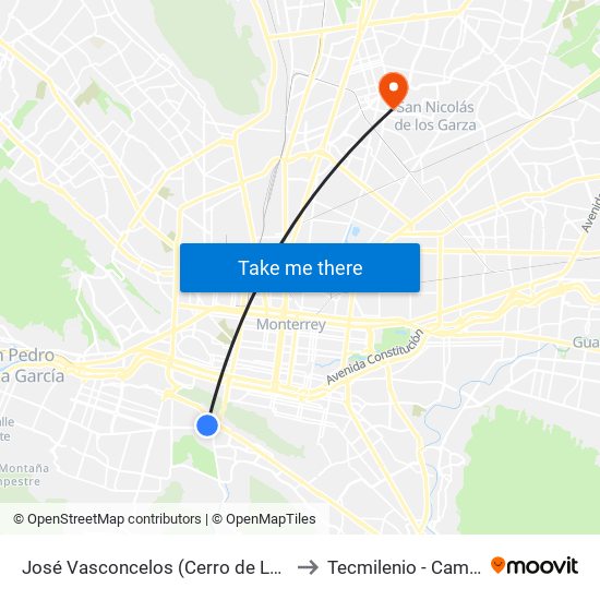 José Vasconcelos (Cerro de La Luz - Montes Rocallosos) to Tecmilenio - Campus San Nicolás map