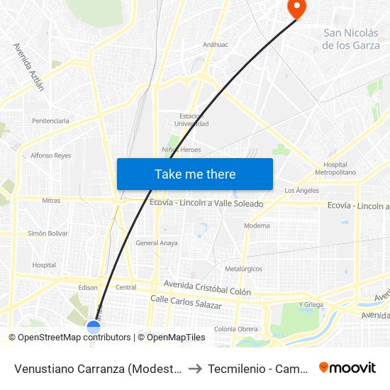 Venustiano Carranza (Modesto Arreola - Washington) to Tecmilenio - Campus San Nicolás map