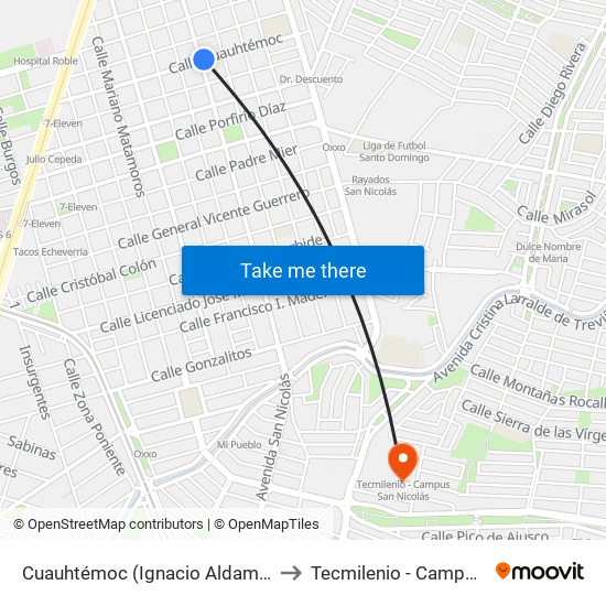 Cuauhtémoc (Ignacio Aldama - Miguel Hidalgo) to Tecmilenio - Campus San Nicolás map