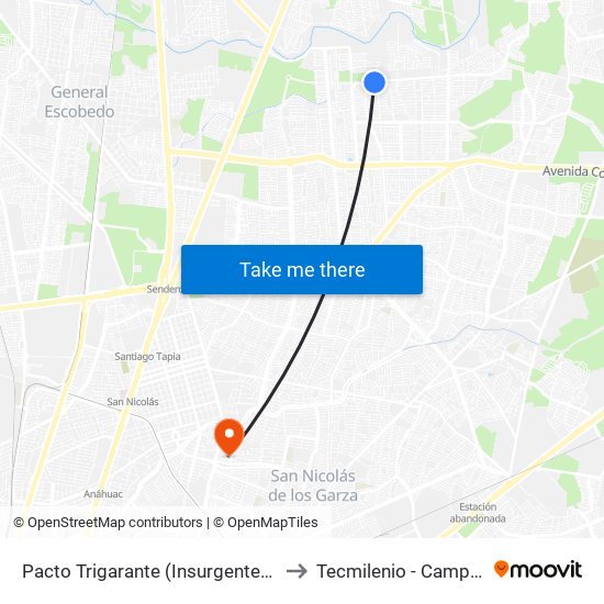 Pacto Trigarante (Insurgentes - 16 de Septiembre) to Tecmilenio - Campus San Nicolás map