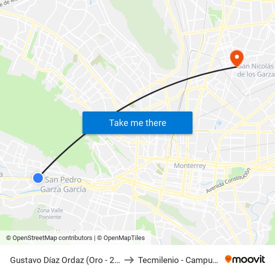 Gustavo Díaz Ordaz (Oro - 20 de Noviembre) to Tecmilenio - Campus San Nicolás map