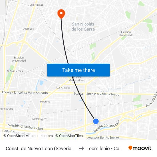 Const. de Nuevo León (Severiano Martínez - Miguel Alemán) to Tecmilenio - Campus San Nicolás map