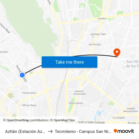 Aztlán (Estación Aztlán) to Tecmilenio - Campus San Nicolás map