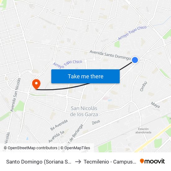 Santo Domingo (Soriana Santo Domingo) to Tecmilenio - Campus San Nicolás map