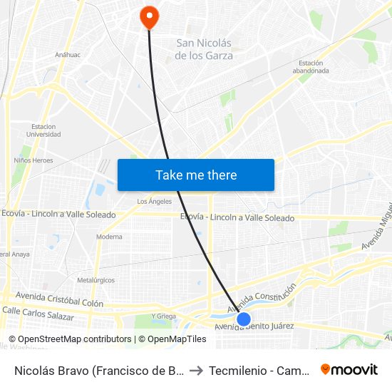 Nicolás Bravo (Francisco de Barbadillo - Corregidora) to Tecmilenio - Campus San Nicolás map