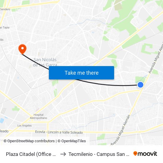 Plaza Citadel (Office Depot) to Tecmilenio - Campus San Nicolás map