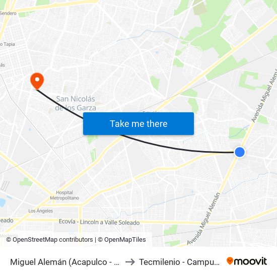 Miguel Alemán (Acapulco - Océano Pacífico) to Tecmilenio - Campus San Nicolás map