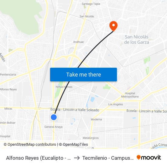 Alfonso Reyes (Eucalipto - Colegio Militar) to Tecmilenio - Campus San Nicolás map