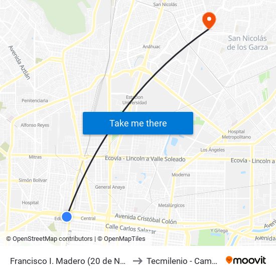 Francisco I. Madero (20 de Noviembre - Xicoténcatl) to Tecmilenio - Campus San Nicolás map