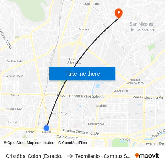 Cristóbal Colón (Estación Central) to Tecmilenio - Campus San Nicolás map