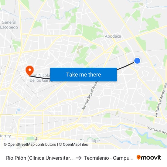 Río Pilón (Clínica Universitaria Pueblo Nuevo) to Tecmilenio - Campus San Nicolás map