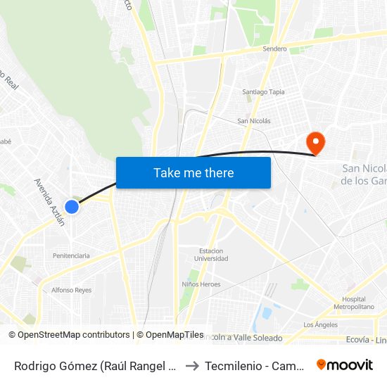 Rodrigo Gómez (Raúl Rangel Frías - Rodrigo Gómez) to Tecmilenio - Campus San Nicolás map