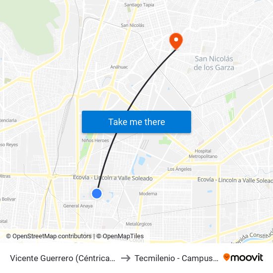 Vicente Guerrero (Céntrica - La Chimenea) to Tecmilenio - Campus San Nicolás map