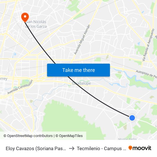 Eloy Cavazos (Soriana Paseo San Roque) to Tecmilenio - Campus San Nicolás map