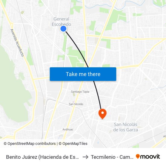 Benito Juárez (Hacienda de Escobedo - Hacienda Del Rey) to Tecmilenio - Campus San Nicolás map