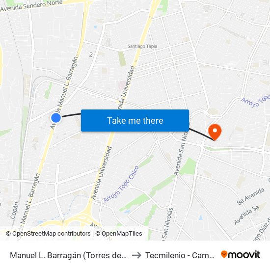 Manuel L. Barragán (Torres de Falcon - Décima Octava) to Tecmilenio - Campus San Nicolás map