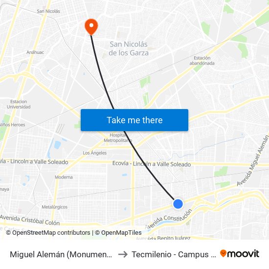 Miguel Alemán (Monumento A La Madre) to Tecmilenio - Campus San Nicolás map