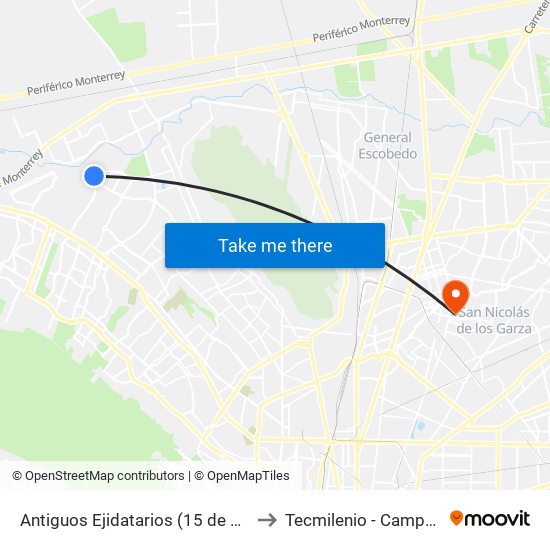 Antiguos Ejidatarios (15 de Marzo - 14 de Mayo) to Tecmilenio - Campus San Nicolás map