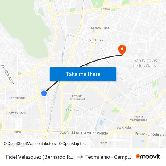 Fidel Velázquez (Bernardo Reyes - Luis Moreno) to Tecmilenio - Campus San Nicolás map