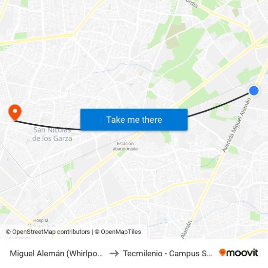 Miguel Alemán (Whirlpool México) to Tecmilenio - Campus San Nicolás map
