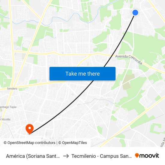 América (Soriana Santa Rosa) to Tecmilenio - Campus San Nicolás map